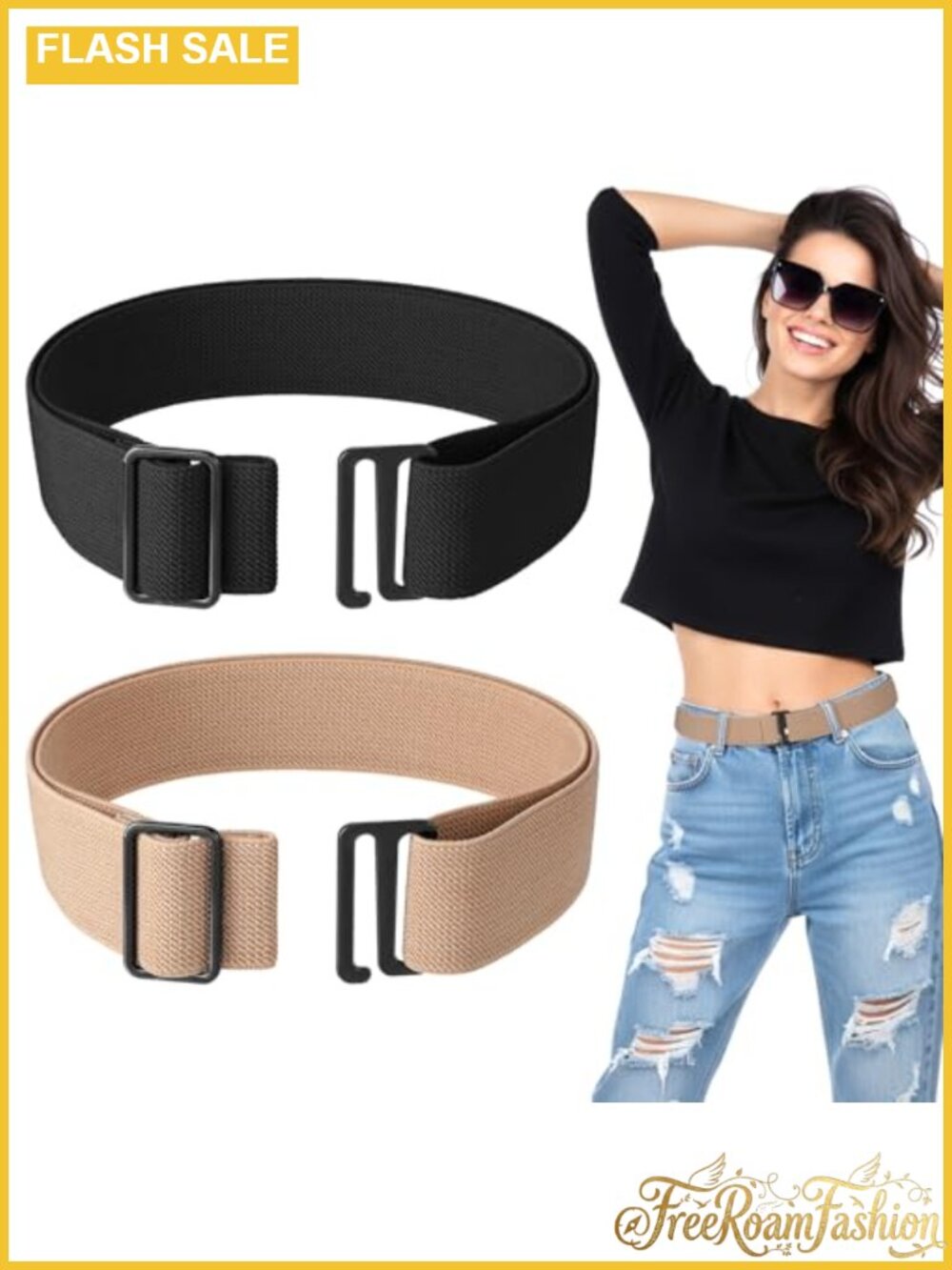 2Pc Elastic Stretch Belt No Show Adjustable Flat Buckle Jeans Pants Dresses
